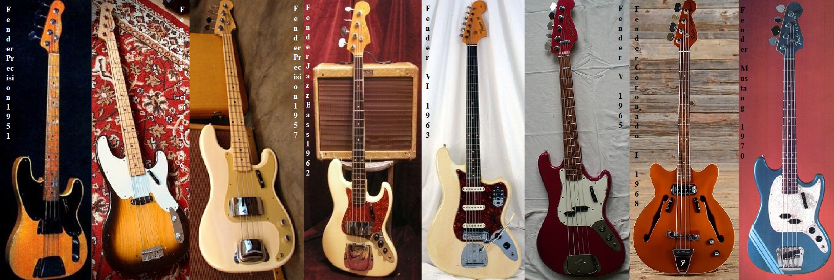 Leo fender ed i suoi bassi realizzati in Fender nel periodo1951-1971.